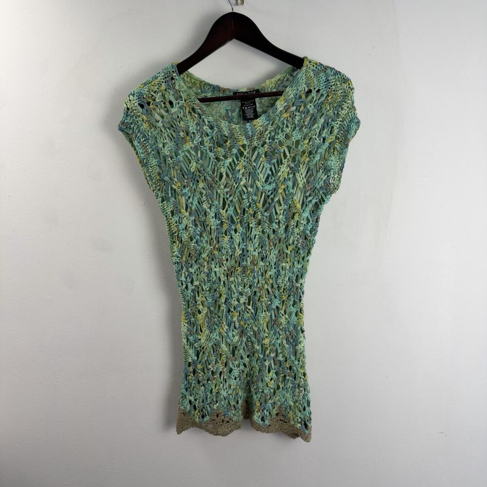NIC + ZOE Open Ribbon Knit Sweater Tunic + Lace Cami Blue Green Boho Coastal S